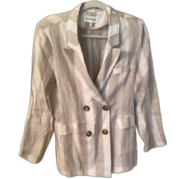 HEARTLOOM SIZE MEDIUM WHITE TAN STRIPED DOUBLE BREASTED LINEN BLAZER JACKET - Picture 1 of 8